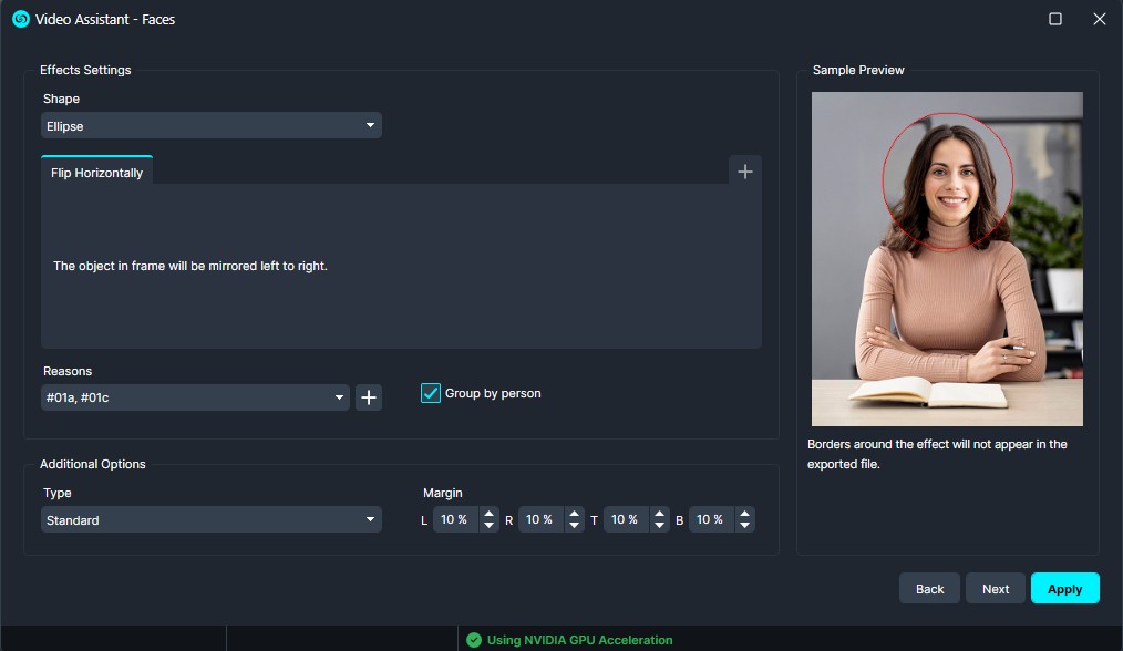 UI screenshot of a video app's face effect settings panel, showing Shape: Ellipse with Flip Horizontally option and a sample preview circled face on the right
