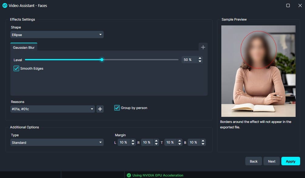 Video Editor: face blur settings with ellipse shape, 50% Gaussian blur and smooth edges; sample preview shows a circular blur around a person's face in the right pane.