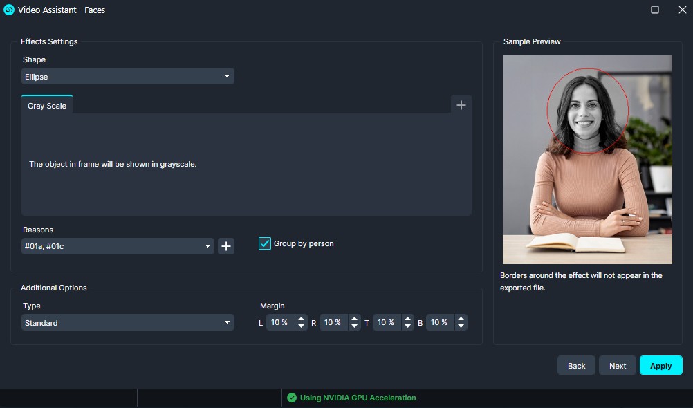 UI for face effects: ellipse shape with grayscale option; preview shows a woman with a red circular outline around her head in the frame.
