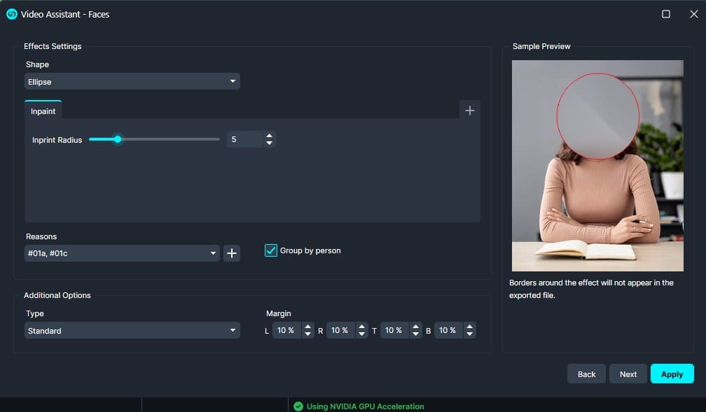 Screenshot of Video Assistant - Faces: ellipse mask selected for inpainting, radius 5, sample preview shows a circled face.