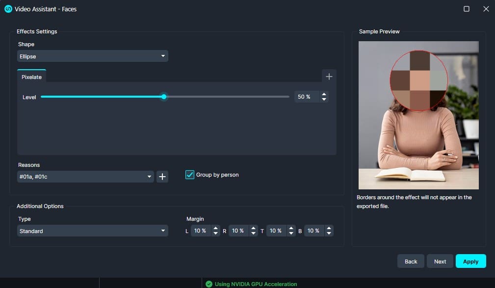Video privacy tool interface showing face pixelation settings (ellipse shape, level 50%) and a preview with a pixelated circular mask, framed in red edge over a person's face, with a sample image on the right.