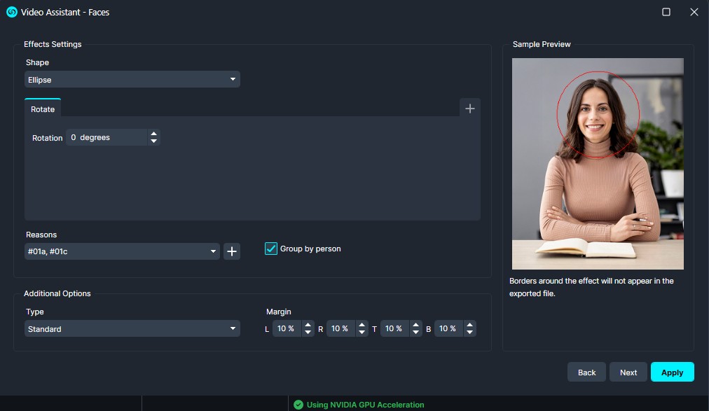 UI dialog for Video Assistant - Faces: Ellipse mask selected with 0° rotation; 'Group by person' enabled; sample preview shows a woman with a red circular mask around her face; margins and reasons options visible.