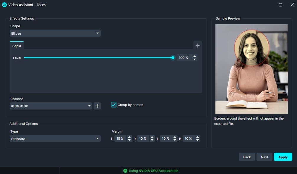 Video editing UI showing a 'Faces' effect panel: ellipse shape with 100% level, reasons by color, and a sample preview of a woman outlined in red.