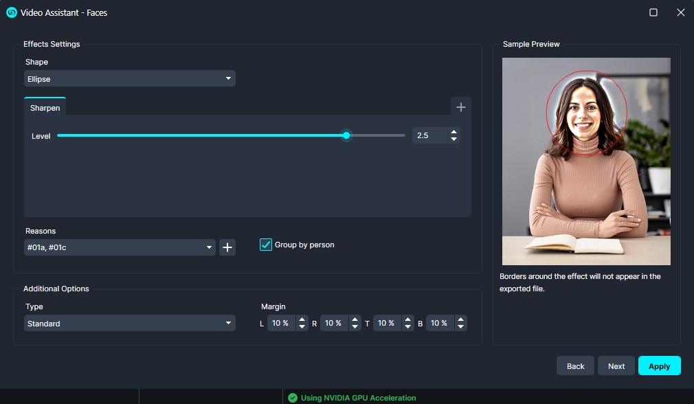 UI for 'Video Assistant – Faces' showing an ellipse face outline, sharpen level slider at 2.5, reasons selector, and a sample preview of a smiling woman on the right.