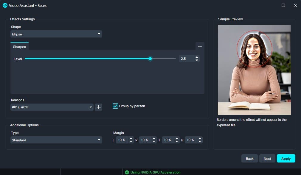 UI for 'Video Assistant – Faces' showing an ellipse face outline, sharpen level slider at 2.5, reasons selector, and a sample preview of a smiling woman on the right.