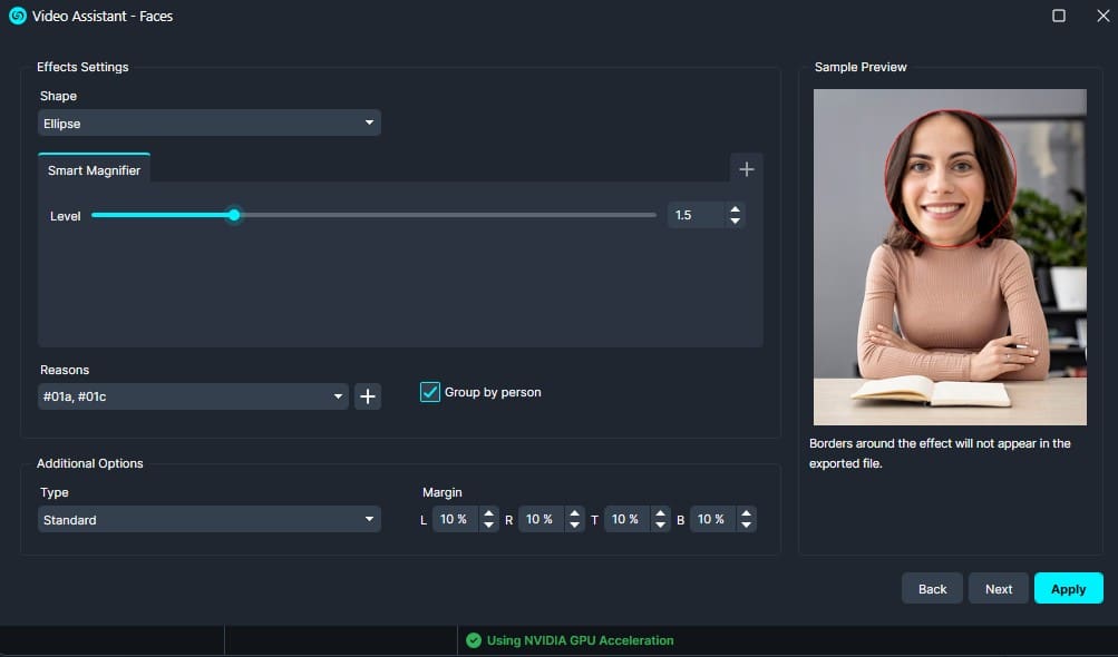 Video Assistant faces settings: elliptical mask with Smart Magnifier at level 1.5 and 'group by person' enabled.
