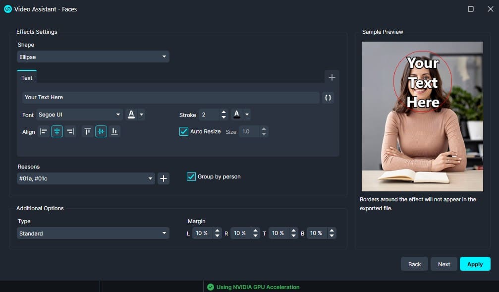 Video editing UI for facial effects: an Ellipse shape option with a sample text field 'Your Text Here' over a photo preview, plus font, stroke, alignment, and margin controls.
