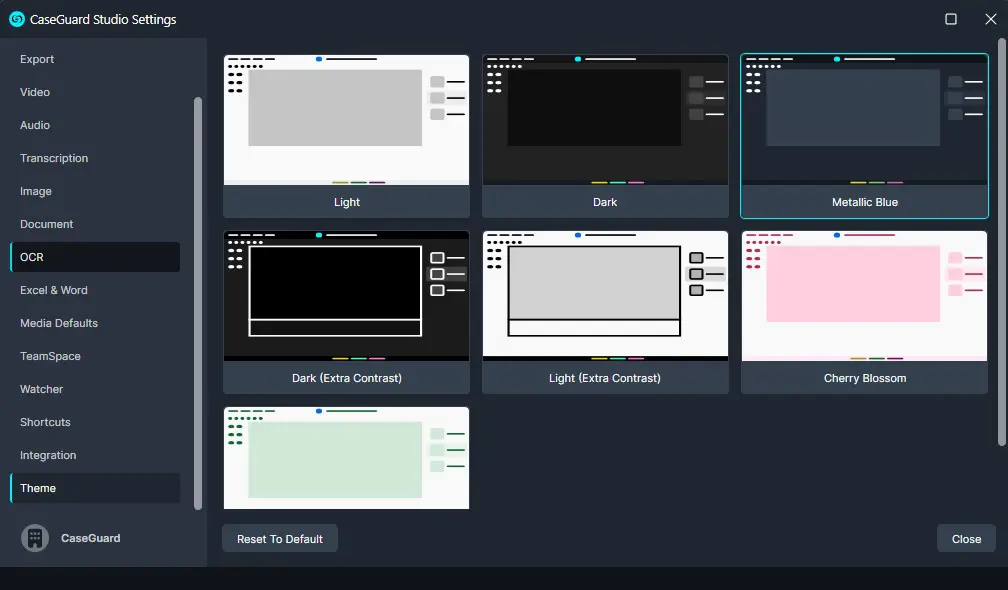CaseGuard Studio Settings: theme picker showing seven themes (Light, Dark, Metallic Blue, Dark Extra Contrast, Light Extra Contrast, Cherry Blossom, mint) with a Reset To Default button at bottom.