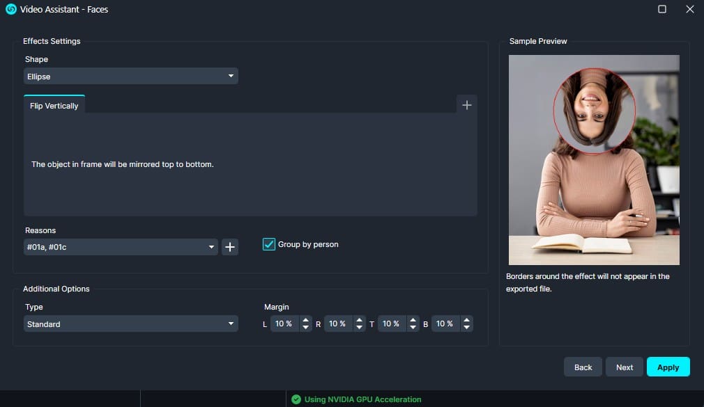 UI for a video effect editor with an Ellipse shape; option to Flip Vertically and a note that the object in frame will be mirrored top to bottom.