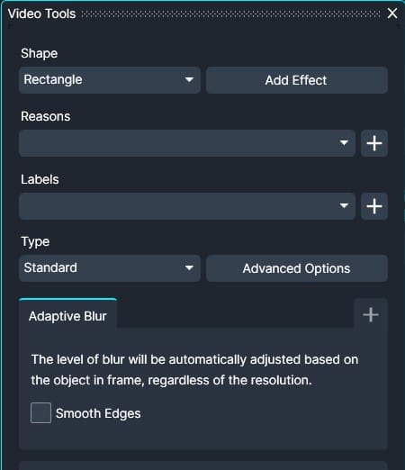 Video Tools panel showing a Rectangle shape with an Add Effect button, dropdowns for Reasons and Labels, Type set to Standard with Advanced Options, and an Adaptive Blur section describing automatic blur adjustment with a Smooth Edges checkbox.