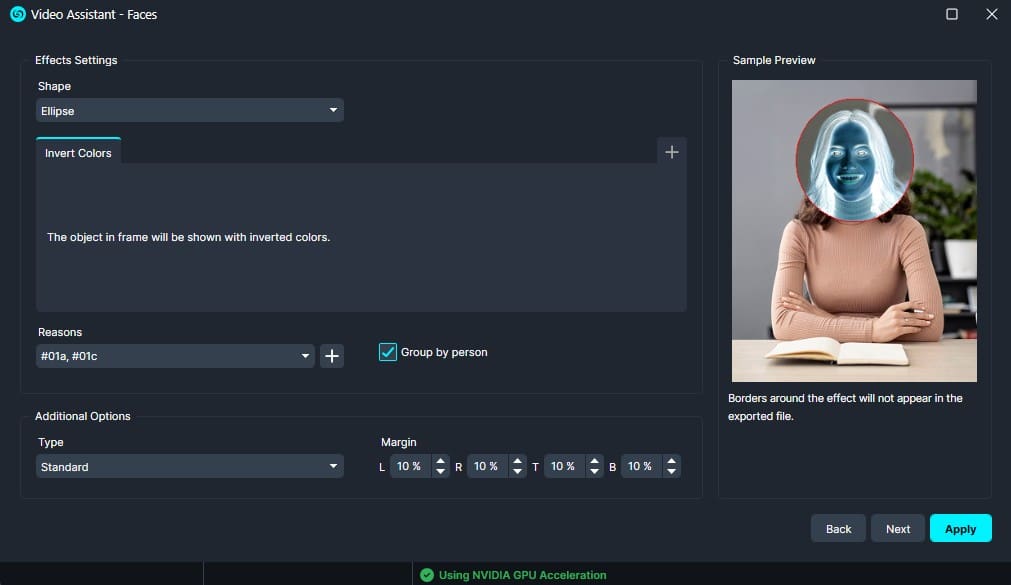 Settings panel for face effects (ellipse shape, invert colors) with a preview showing a woman outlined by a red circular head area.