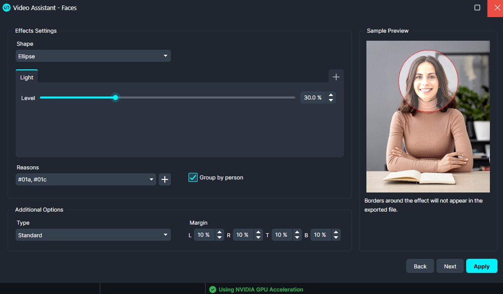 Screenshot of the Video Assistant — Faces interface with ellipse shape, light Level 30%, grouping by person, and Apply button in the lower-right corner.