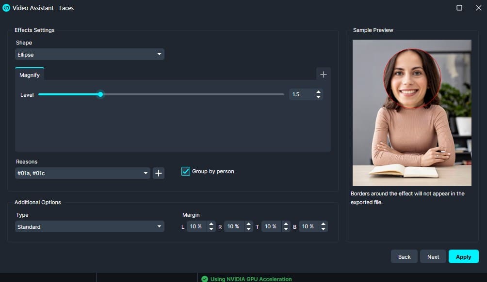UI screenshot of Video Assistant - Faces settings: Ellipse shape, Magnify option, Level 1.5, group by person; sample preview shows a circled face on a woman.