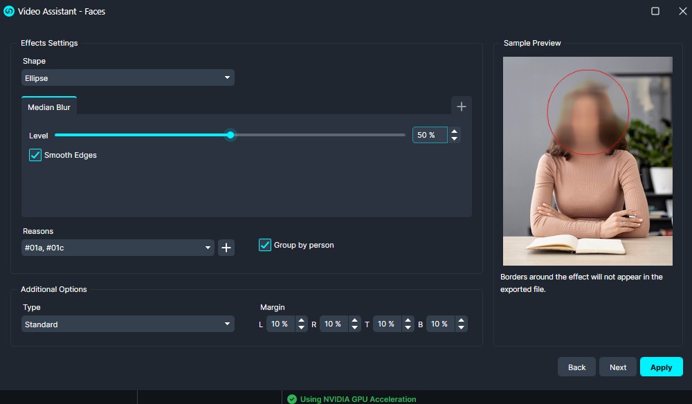 Screenshot of a video privacy tool applying a face blur: an ellipse blur around a blurred person in the sample preview, with settings for level and smooth edges on the left panel.