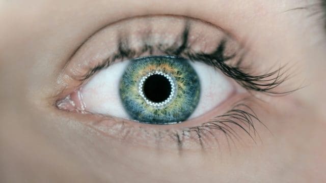 Close up of a woman's blue eye with a ring of light around her iris.