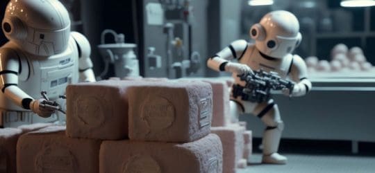 Two small robots powered by artificial intelligence working in a factory.