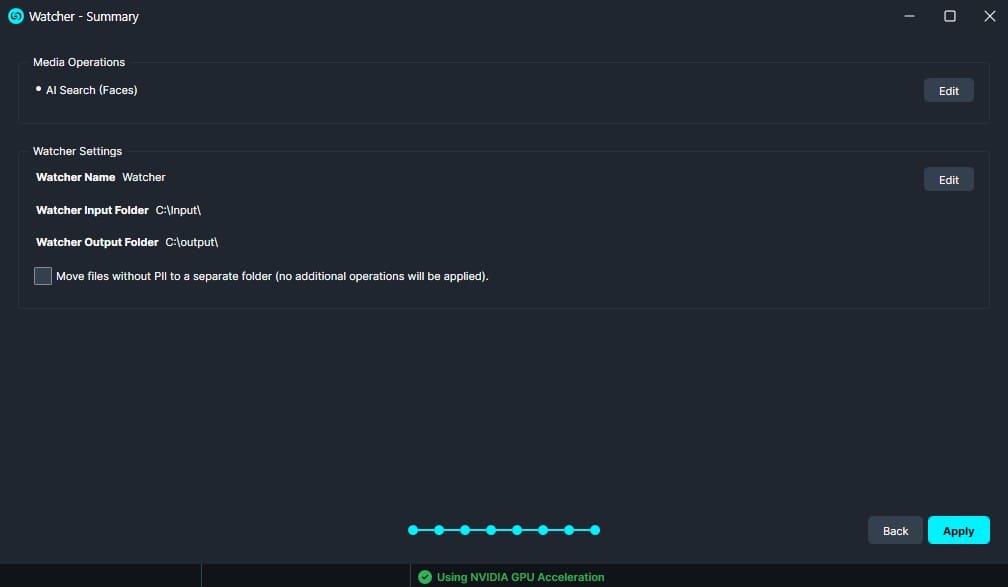 Watcher app: Summary screen in dark theme showing AI Search (Faces) under Media Operations, with watcher name and input/output folders and an Apply button; Move files without PII checkbox is visible.