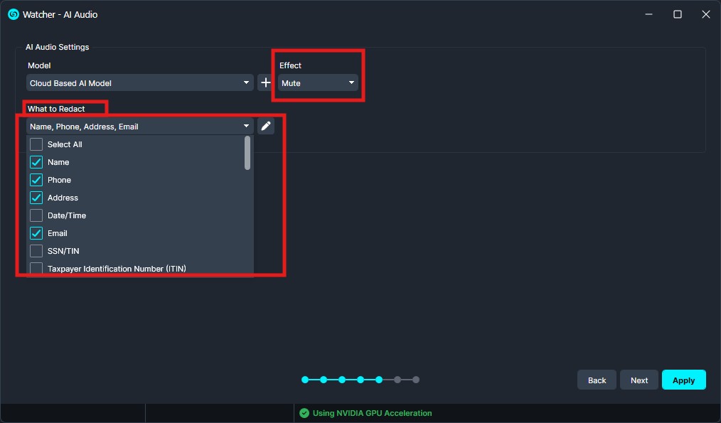 Settings screen of Watcher AI Audio: Cloud-Based AI Model chosen, Effect set to Mute, and a multi-select list under 'What to Redirect' with Name, Phone, Address, Email checked.