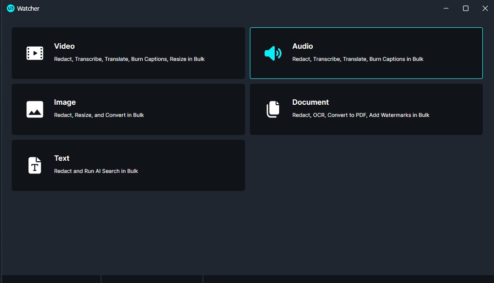 Dark-themed media tool UI with five option tiles: Video, Audio (highlighted), Image, Document, Text, labeled at top 'Watcher' edge.