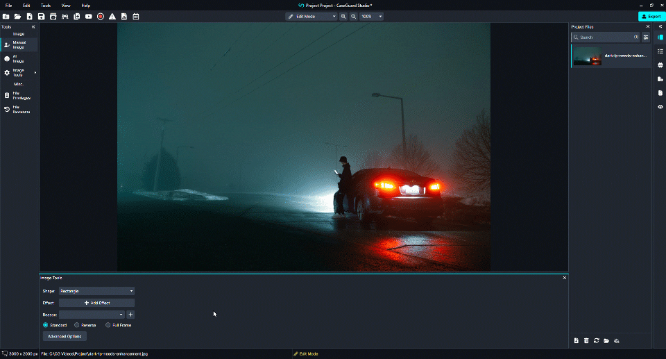 Dark license plate being made legible with the use of enhancement filters