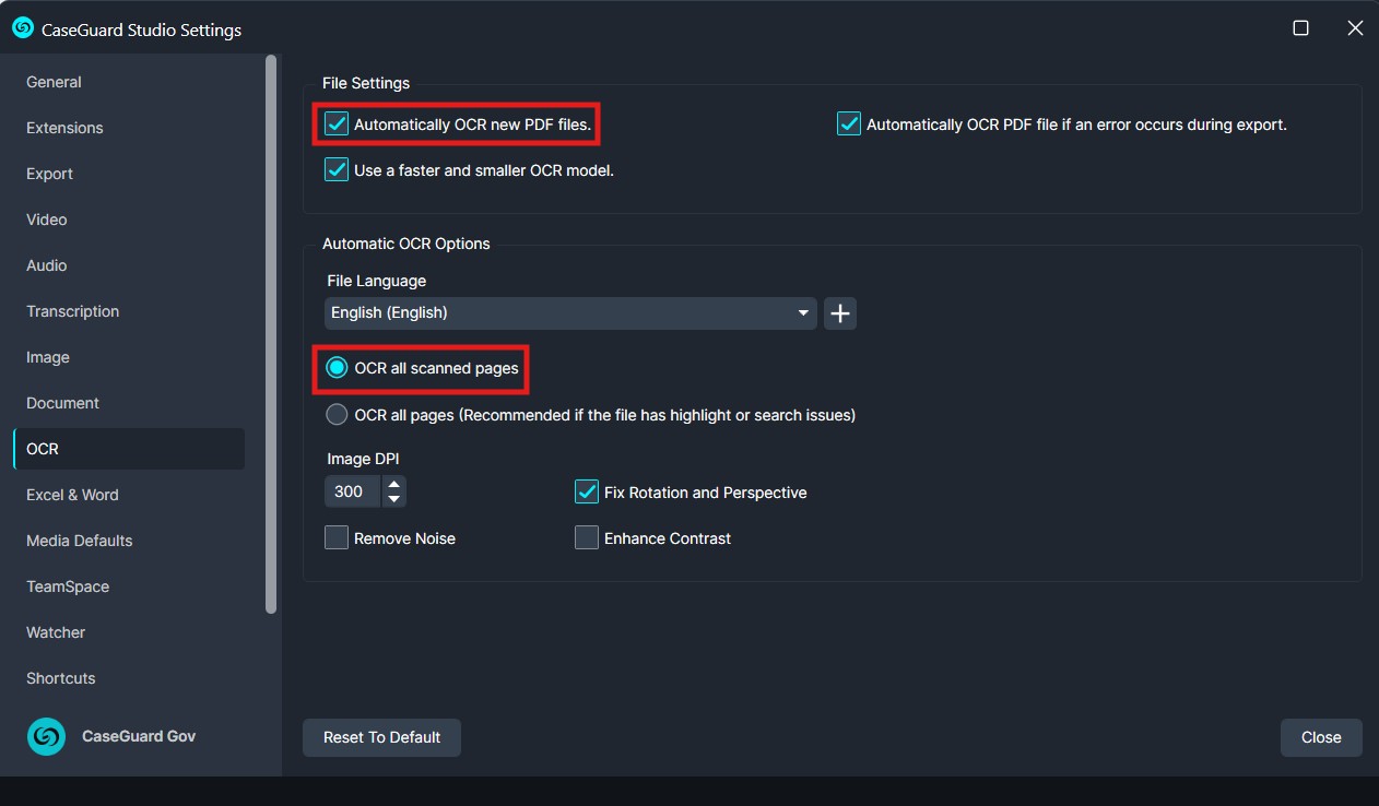 CaseGuard Studio OCR settings window showing 'OCR all scanned pages' selected with other options enabled (auto OCR on new PDFs, auto on export error).