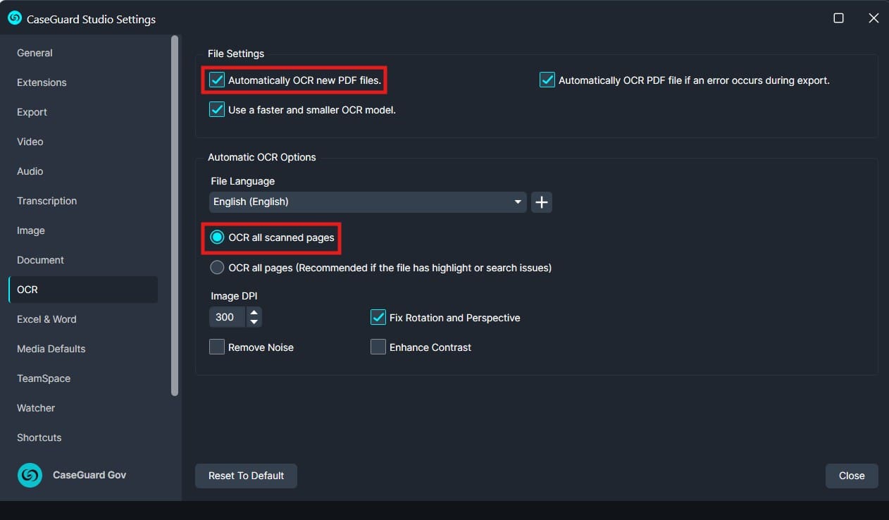 CaseGuard Studio OCR settings window showing 'OCR all scanned pages' selected with other options enabled (auto OCR on new PDFs, auto on export error).