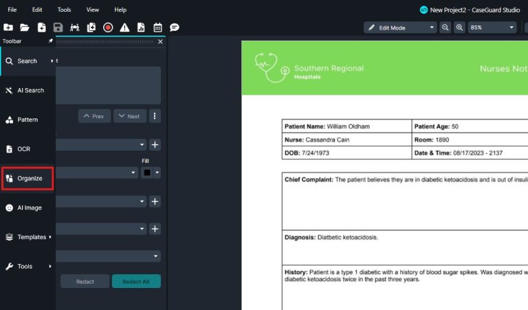 Screenshot of a desktop editor: left panel highlights 'Organize', right shows a medical form preview with a green header from Southern Regional Hospitals.