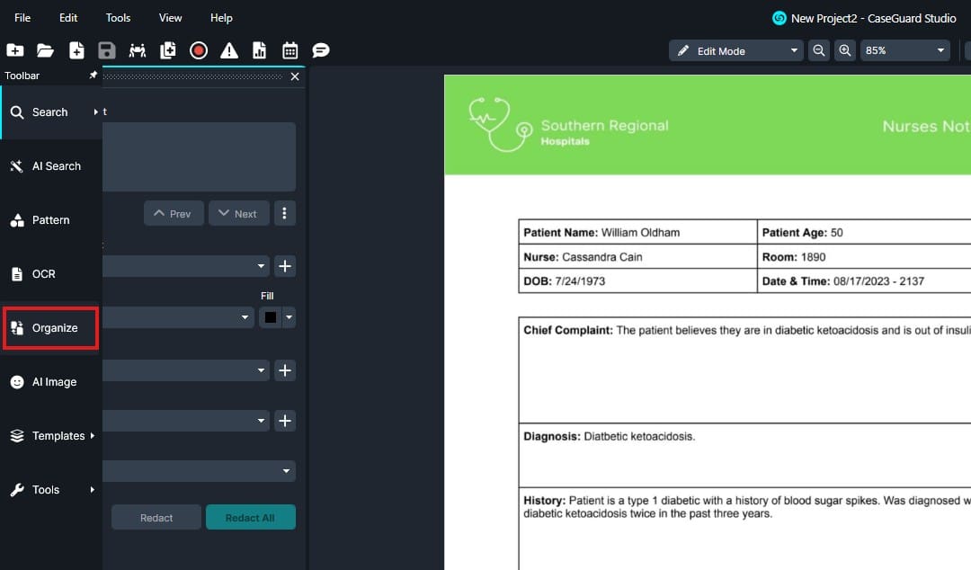 Screenshot of a document editor UI: left toolbar with tools, Organize highlighted; right shows a patient chart from Southern Regional Hospitals with Name William Oldham, age 50, DOB 7/24/1973, Diagnosis diabetic ketoacidosis.