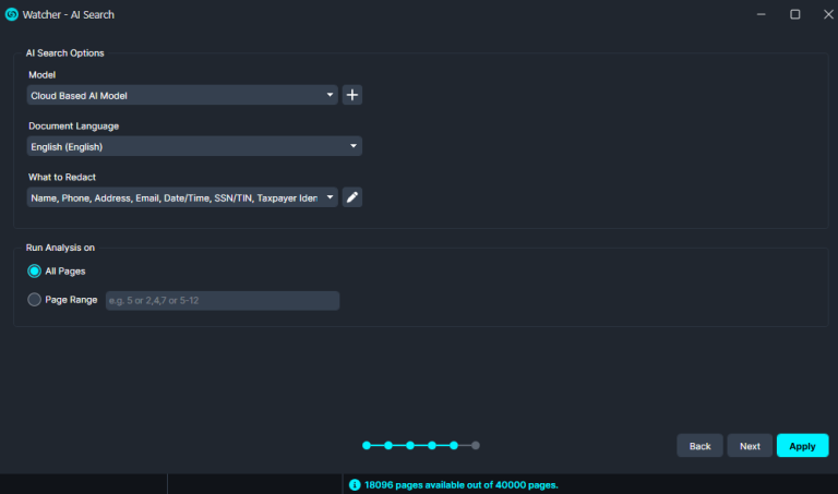 Screenshot of the Watcher AI Search settings panel: model dropdown set to 'Cloud Based AI Model', language 'English', and fields for what to redact (Name, Phone, Address, Email, Date/Time, SSN/TIN, Taxpayer Id); Run Analysis on set to 'All Pages' with a progress indicator at the bottom and a footer showing '180096 pages available out of 40000 pages'.