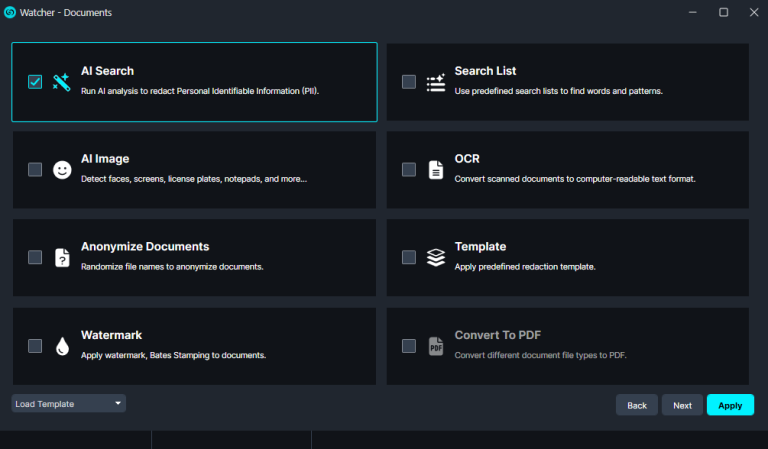 Dashboard of a document-processing app showing feature tiles: AI Search, Search List, All Image, OCR, Anonymize Documents, Template, Watermark, and Convert To PDF with a dark UI theme.
