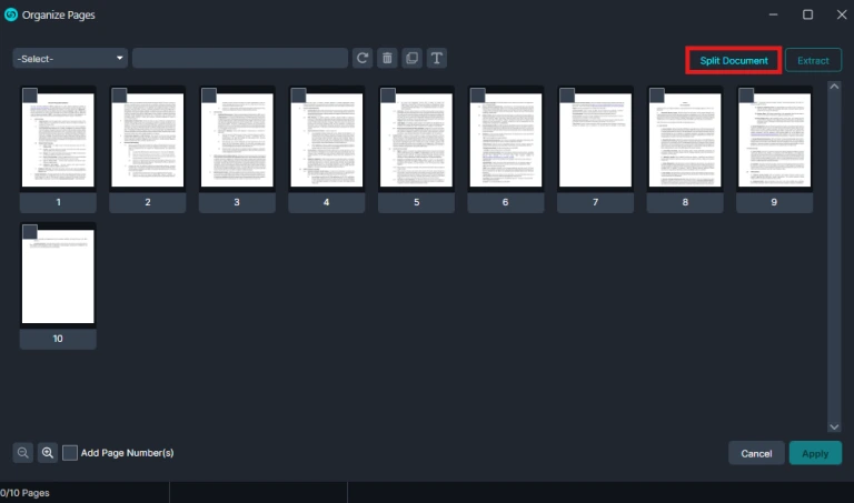 Screenshot of a dark UI showing 10 document pages in a row, with the 'Split Document' button highlighted in the top-right.