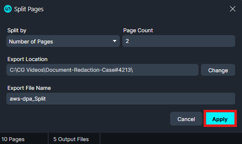 Split Pages dialog with Page Count set to 2 and export path and filename shown, Cancel and Apply buttons available.