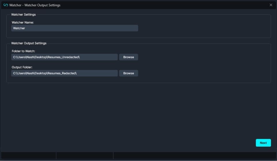 Watcher output settings window in CaseGuard Studio