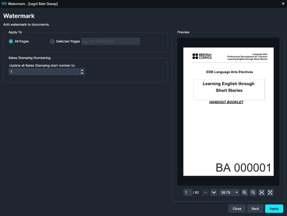 Bates Stamp page range Image
