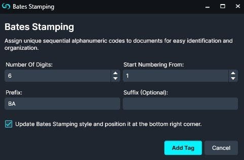 Bates Stamping options Image