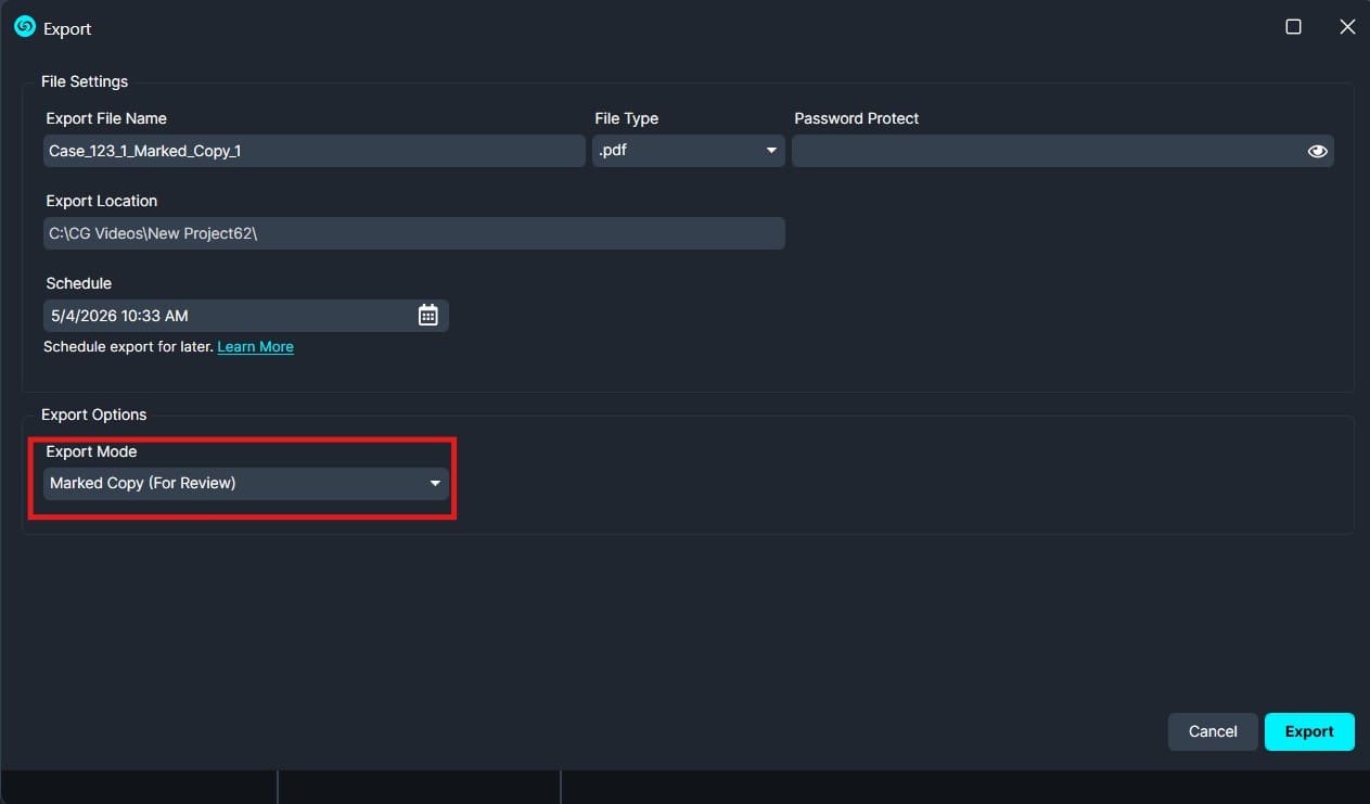 Export dialog showing settings: Export Mode set to 'Marked Copy (For Review)'.