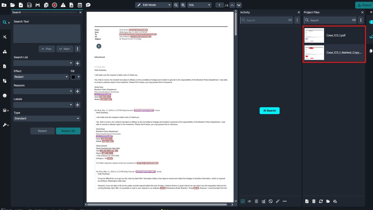 Screenshot of a document review workspace: left search panel, central page displaying a long letter, and right project files panel with two PDFs highlighted in red.