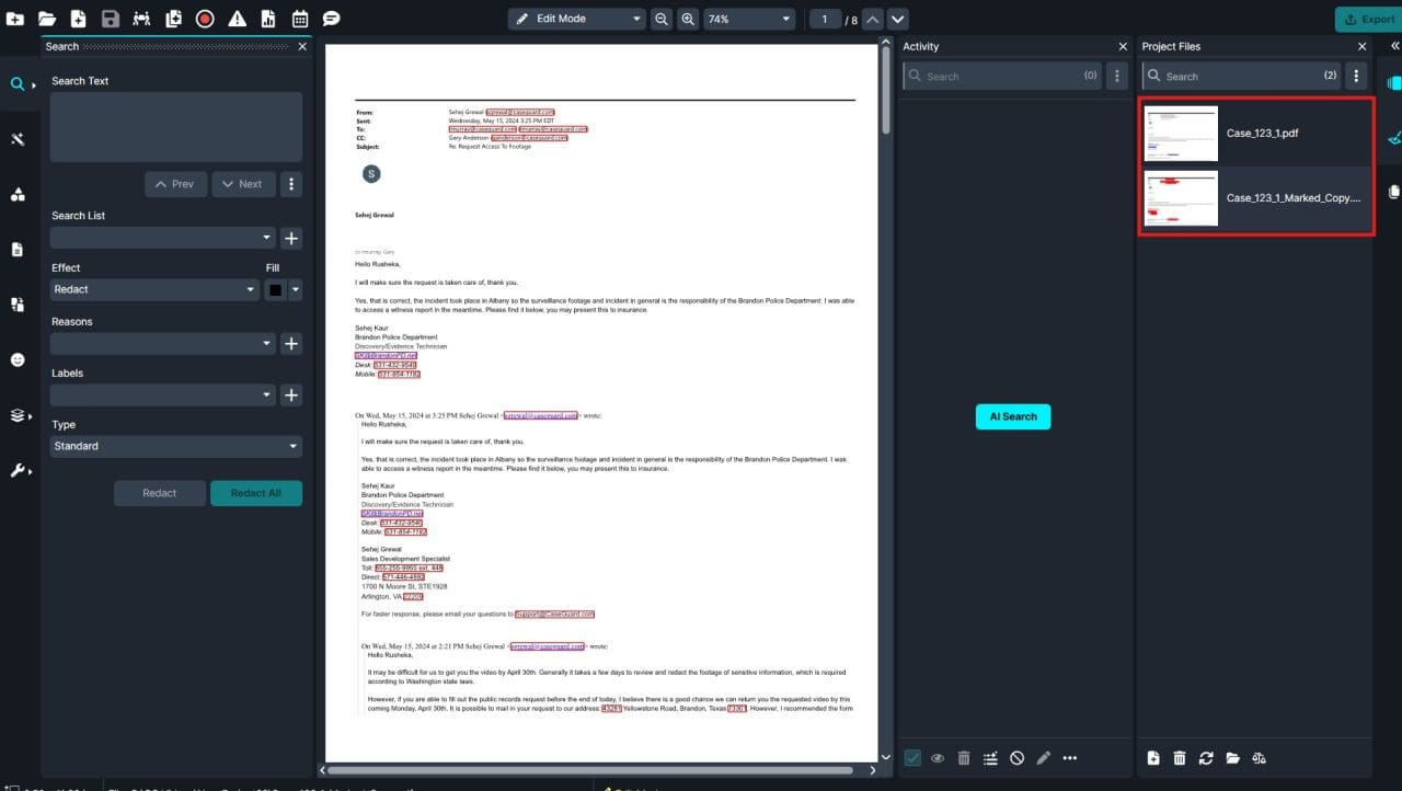 Screenshot of a document review workspace: left search panel, central page displaying a long letter, and right project files panel with two PDFs highlighted in red.