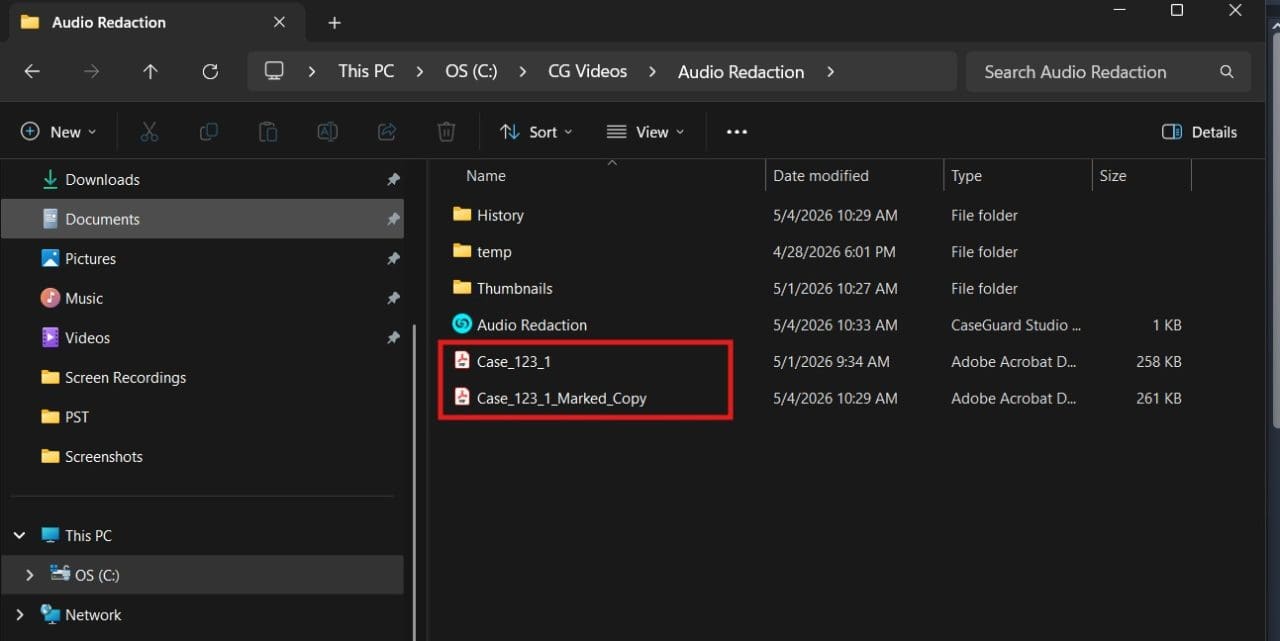 Windows Explorer shows two PDF files named Case_123_1 and Case_123_1_Marked_Copy in the Audio Redaction folder.