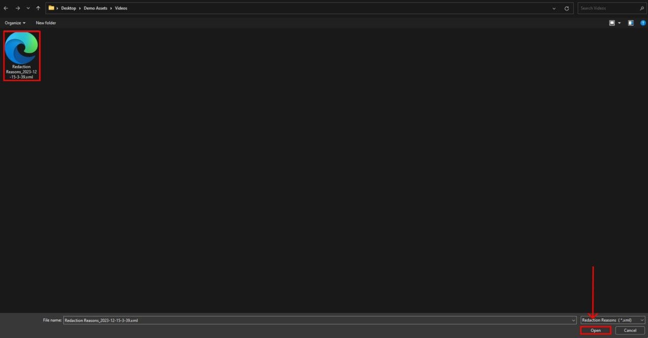 Select the .xml file and click open to import