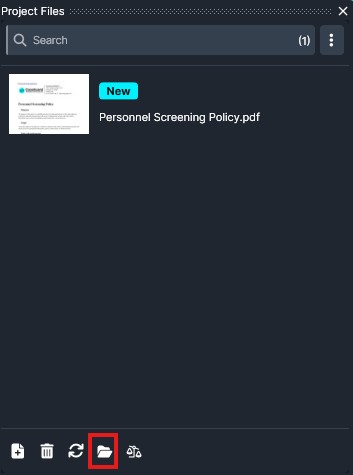 Project Files panel showing a single PDF named 'Personnel Screening Policy.pdf' marked New; bottom toolbar with an Open Folder icon highlighted.