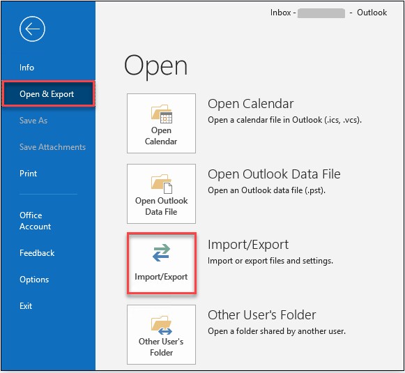 Outlook Open & Export screen with Import/Export option highlighted in red border