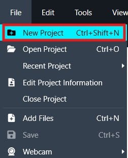 Context menu with New Project highlighted and shortcut Ctrl+Shift+N