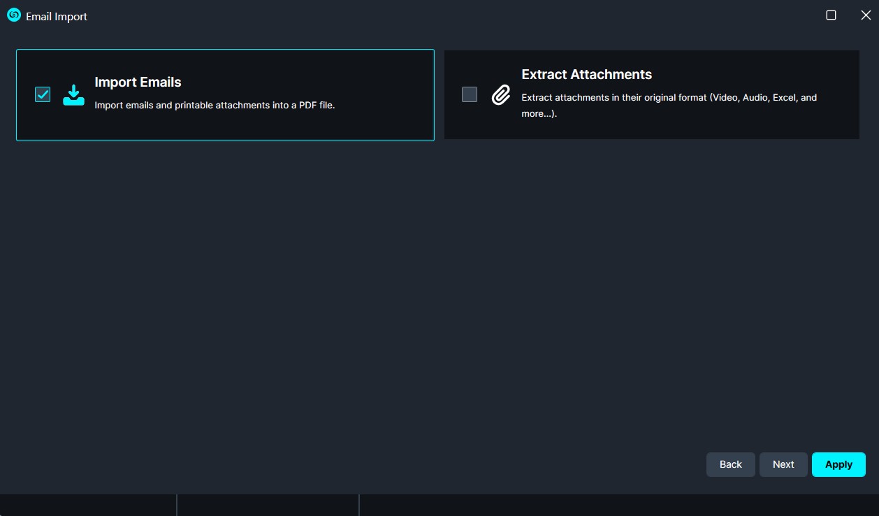 Email Import screen with Import Emails selected and Extract Attachments not selected.