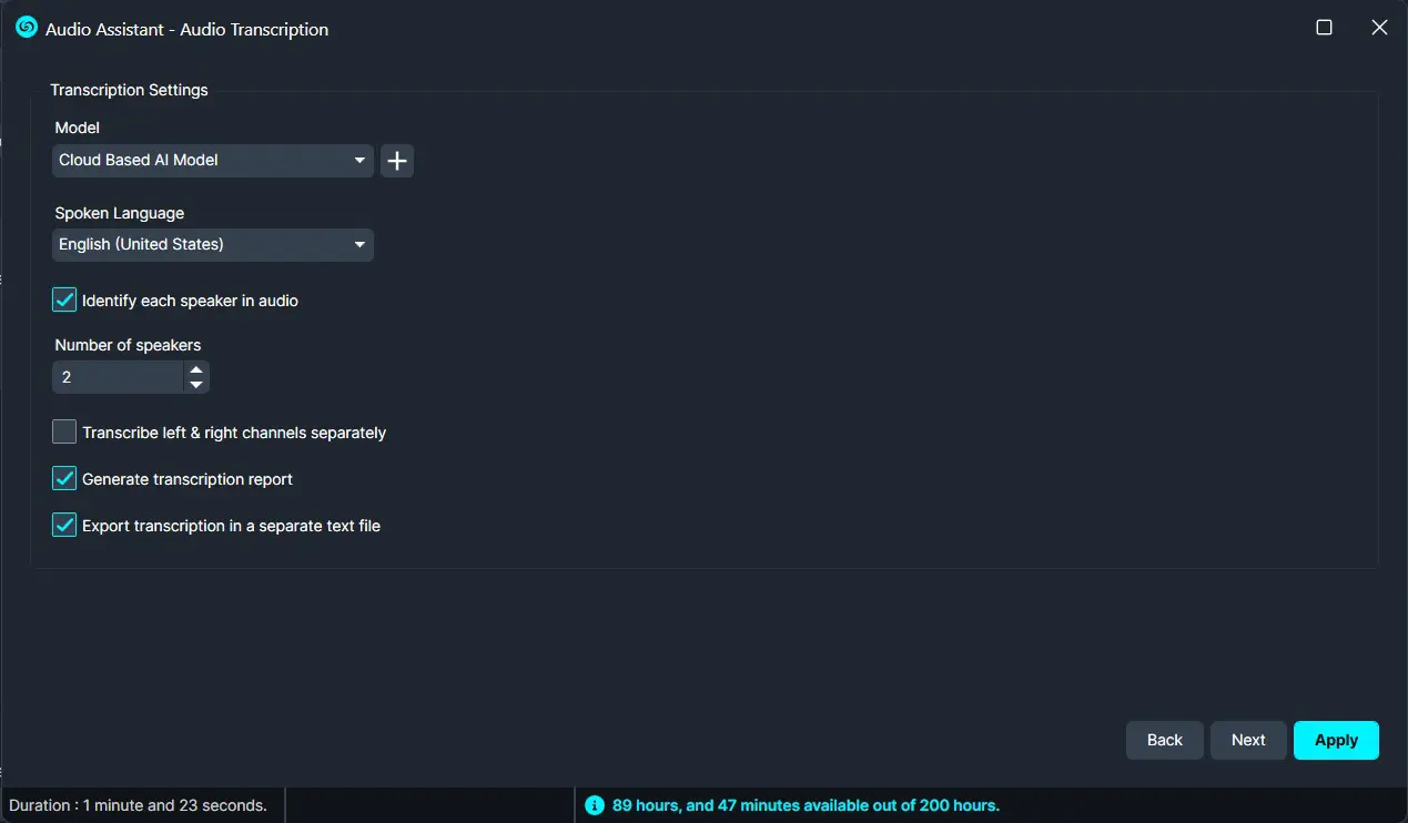 Screen showing Audio Transcript settings: Cloud-Based AI model, English (US); identify speakers (2) and options to generate a report and export text; Back, Next, Apply buttons visible.