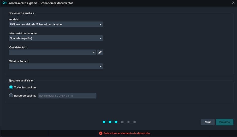 Bulk Processing AI Analysis options in Spanish
