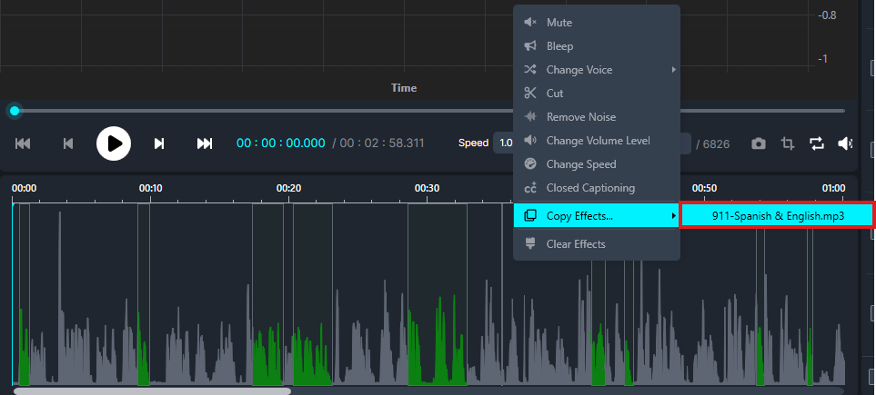 Screenshot of an audio editor timeline with waveform, playback controls, and a context menu highlighting 'Copy Effects…' to '911-Spanish & English.mp3'.