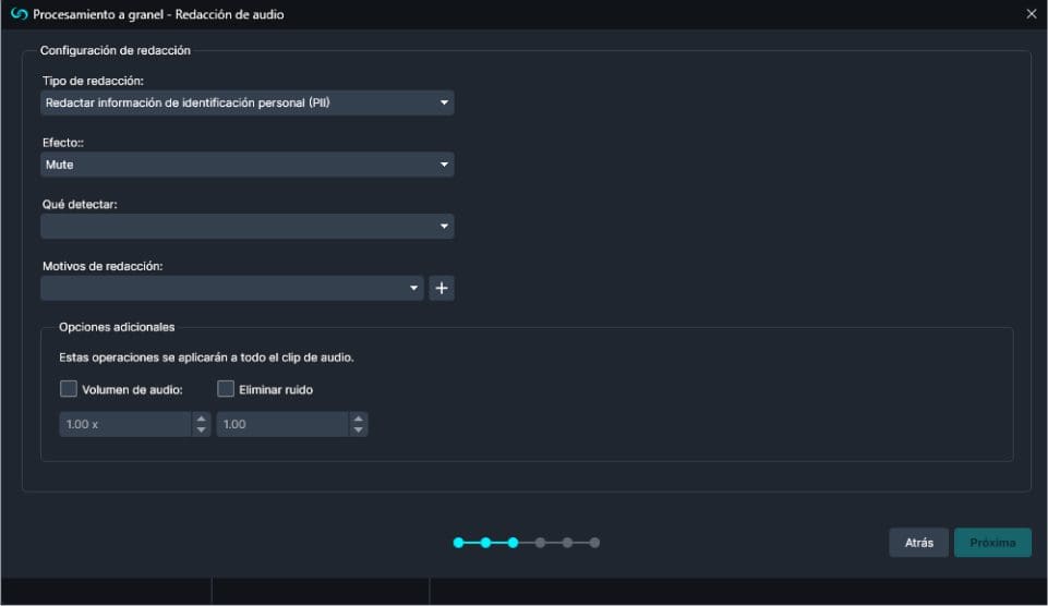 granel-redaccion-de-audio | CaseGuard Bulk Processing audio window in Spanish