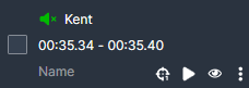 Audio player bar for Kent, showing the current segment 00:35.34–00:35.40 with play/pause controls.