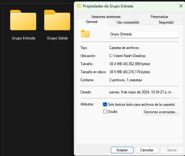 Windows file properties in Spanish